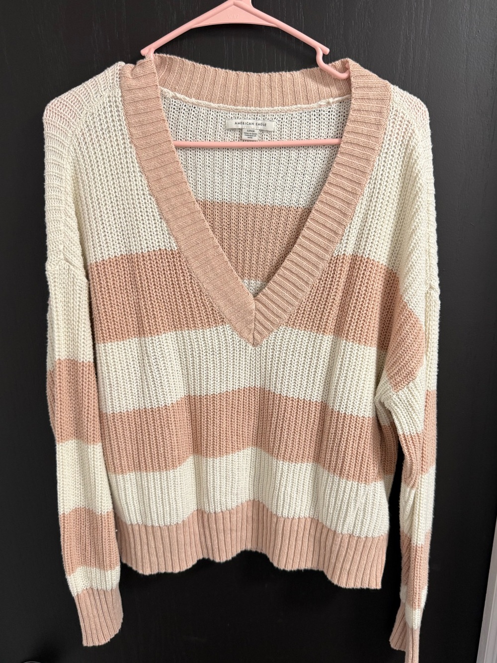 American Eagle Outfitters Off White & Blush Striped V-Neck Sweater